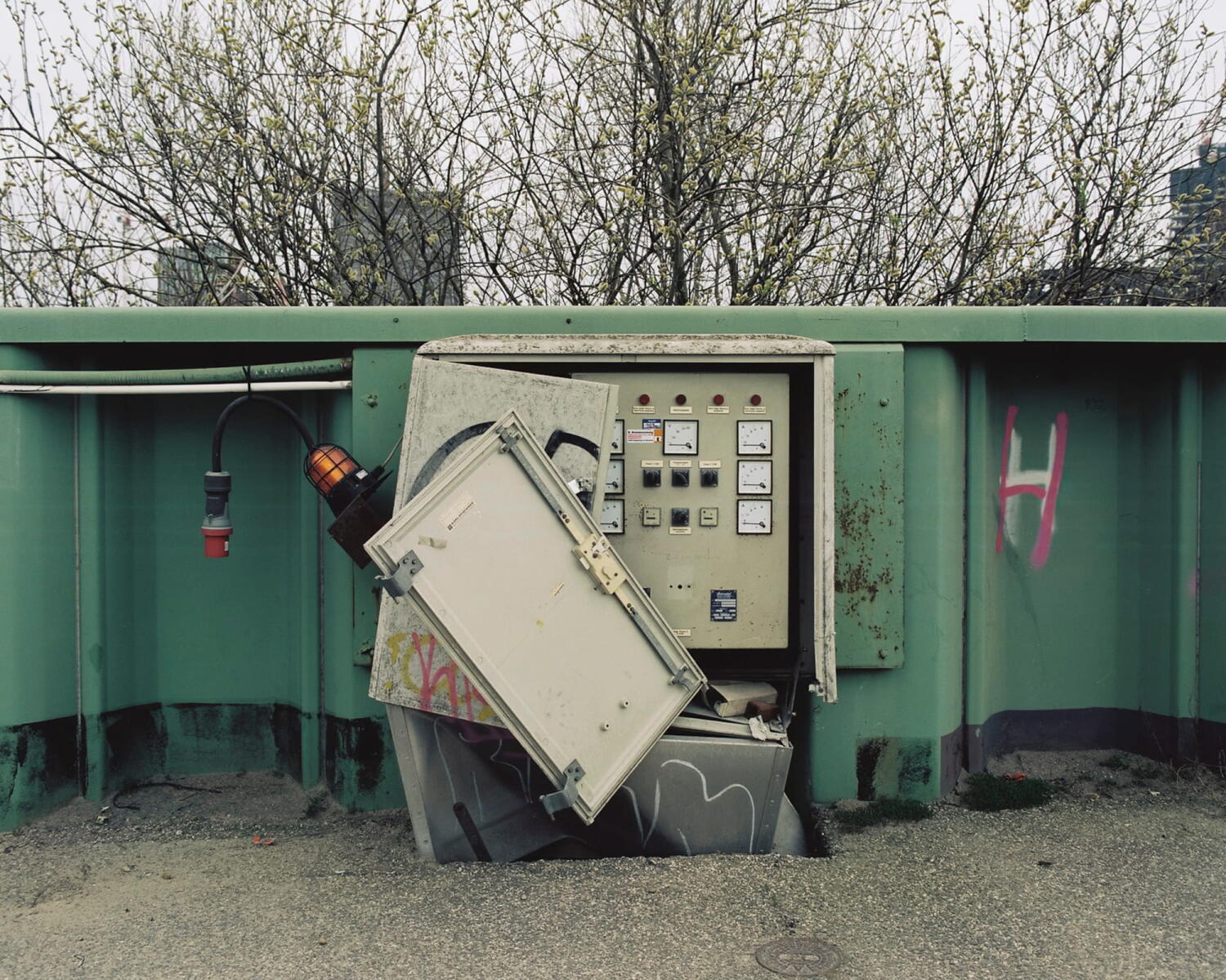 Defective switchboard on a building site.