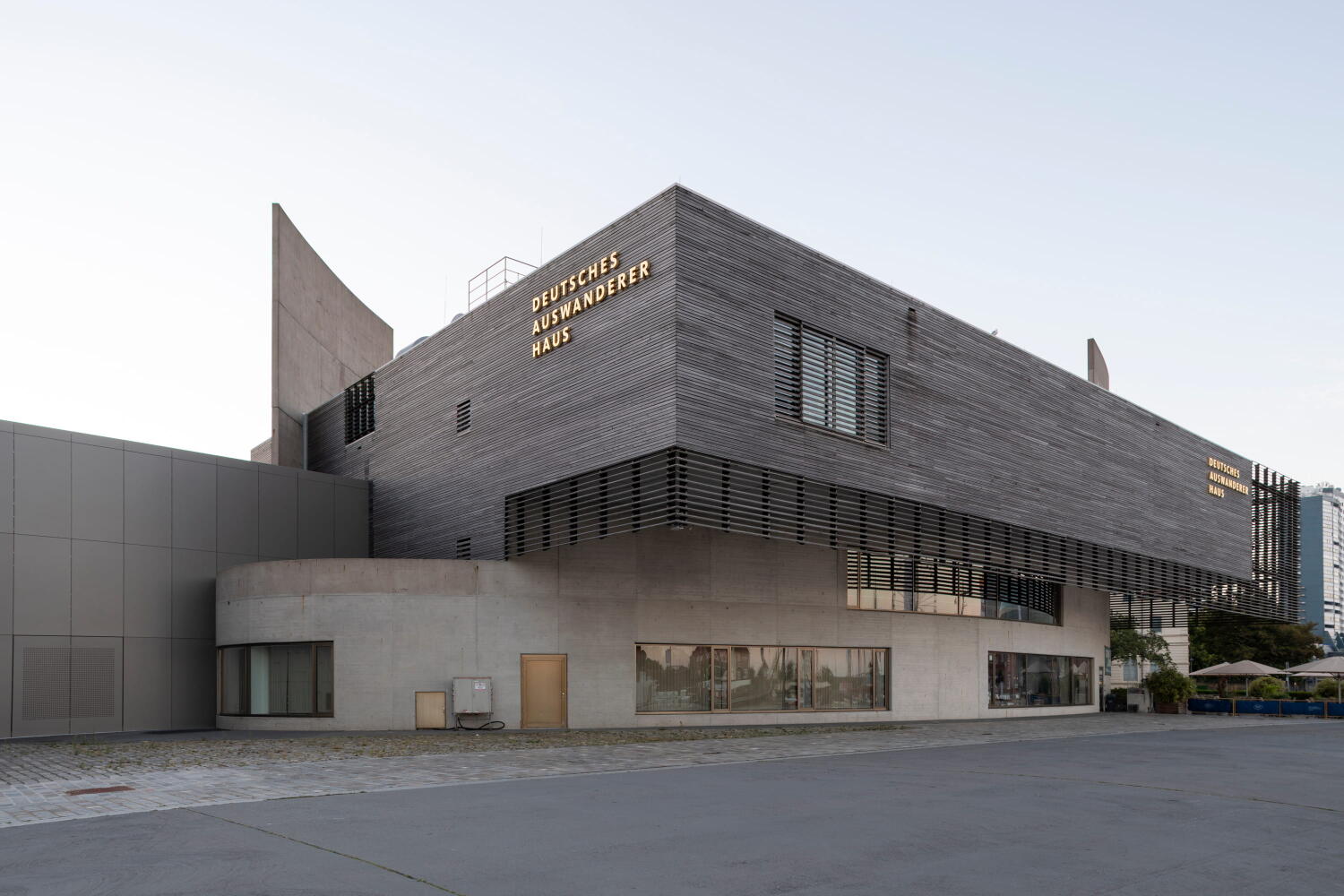 Side view of the wooden structure of the German Emigration Center by Andreas Heller Architects in Bremerhaven.