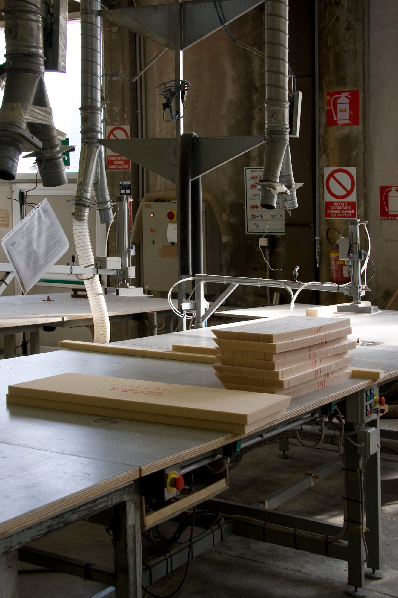 Cut panels at the Diab factory, which specializes in core materials for composite materials (sandwich technology) for industries such as marine, wind energy, and aviation.