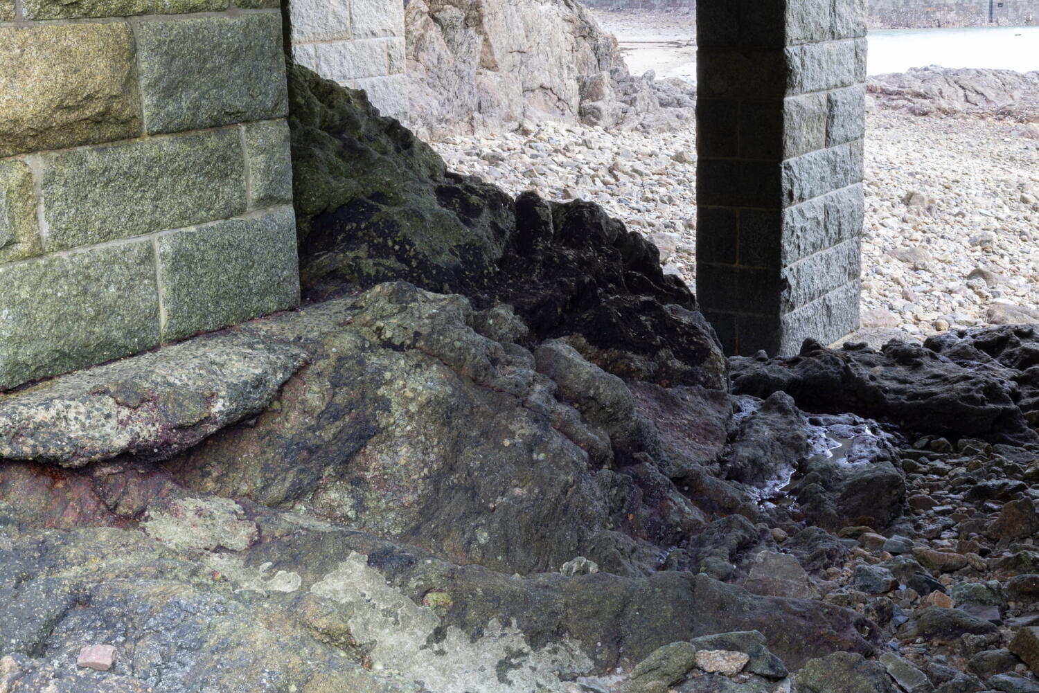 Rocks covered with green algae and rusted reinforced concrete pillars in the tidal zone.