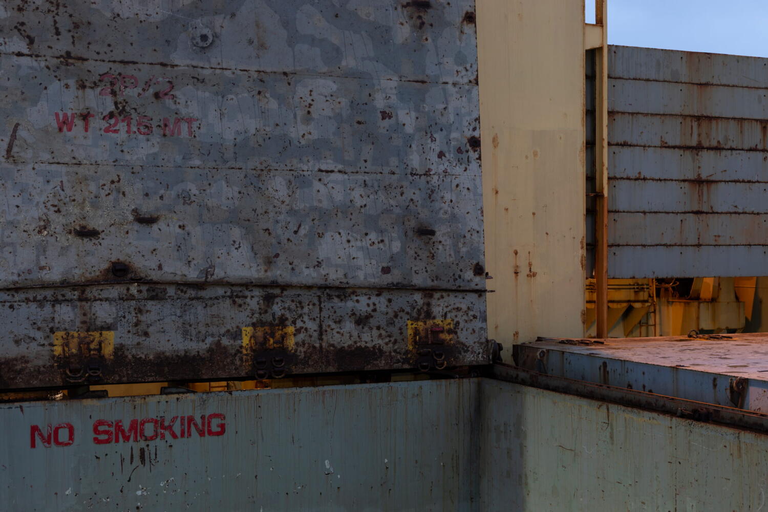 Detail of the deck of the Red Cedar boat during repair work in the Port of Hamburg.