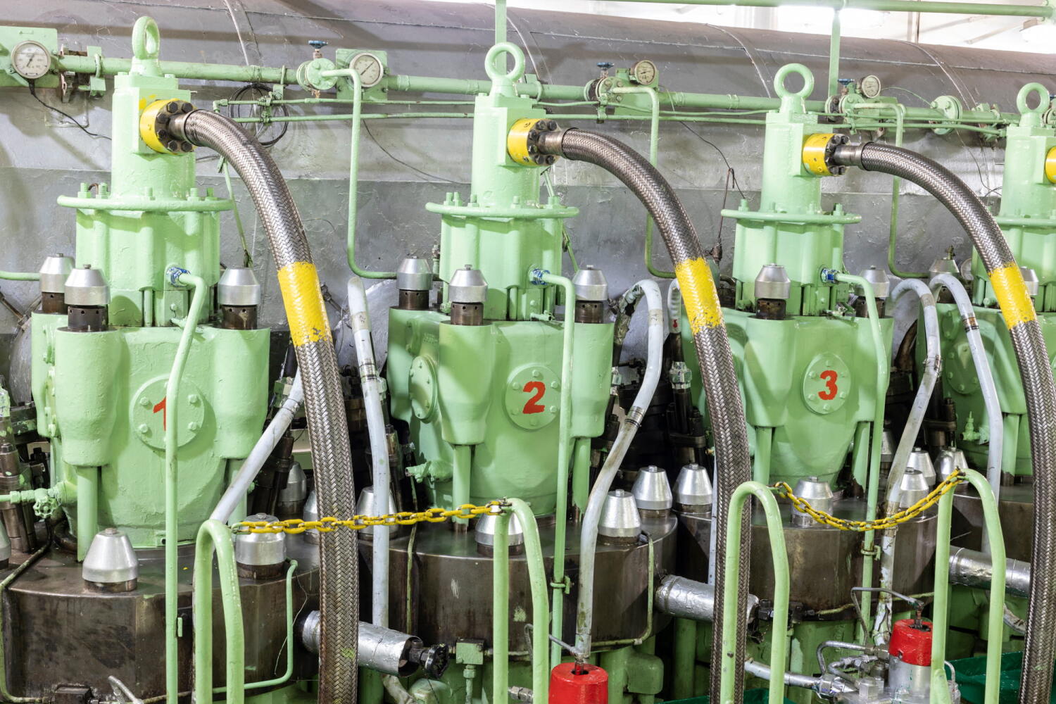 Piston in the engine room of the ship Red Cedar during repair work in the port of Hamburg.