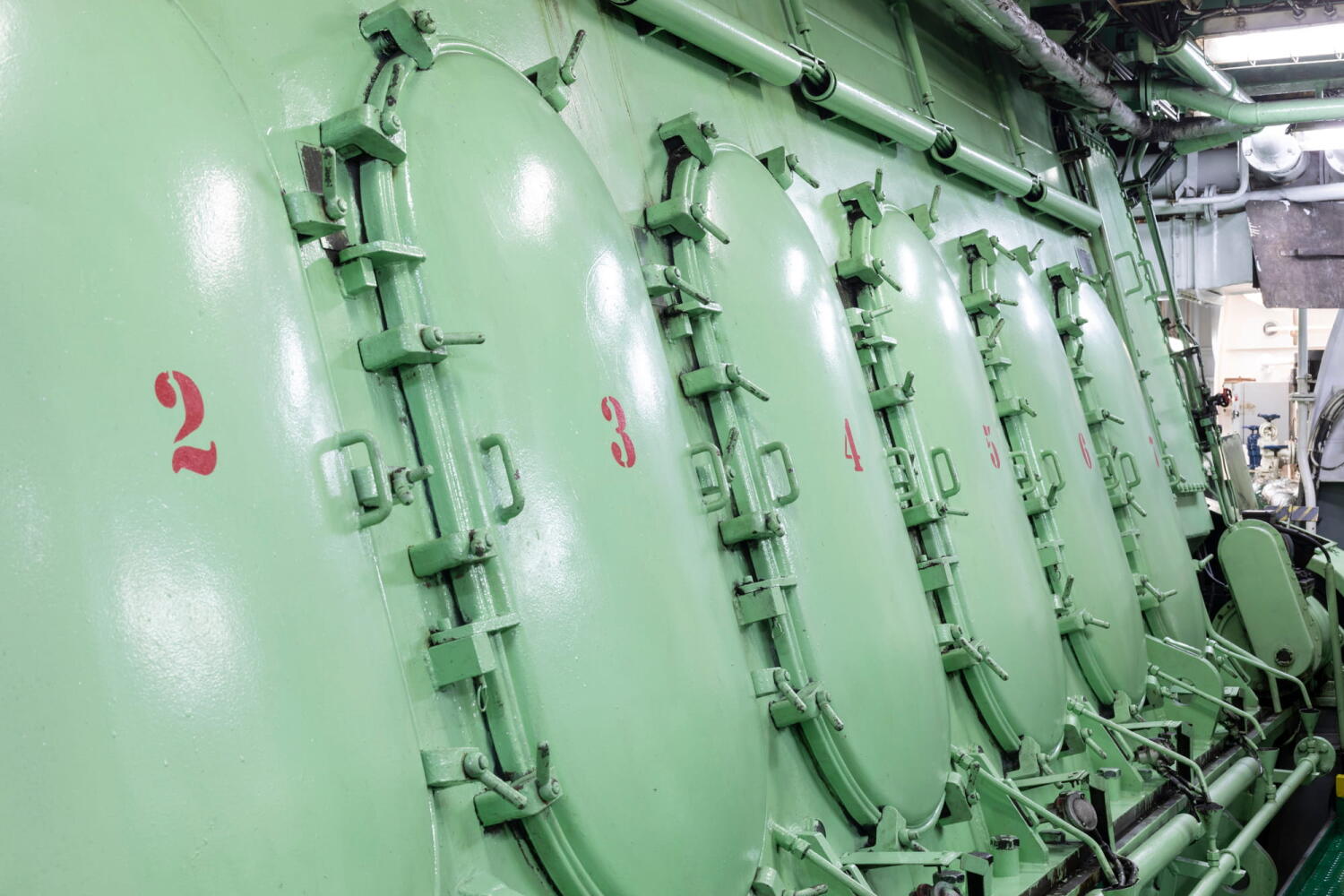 Engine room of the ship Red Cedar during repair work in the port of Hamburg.