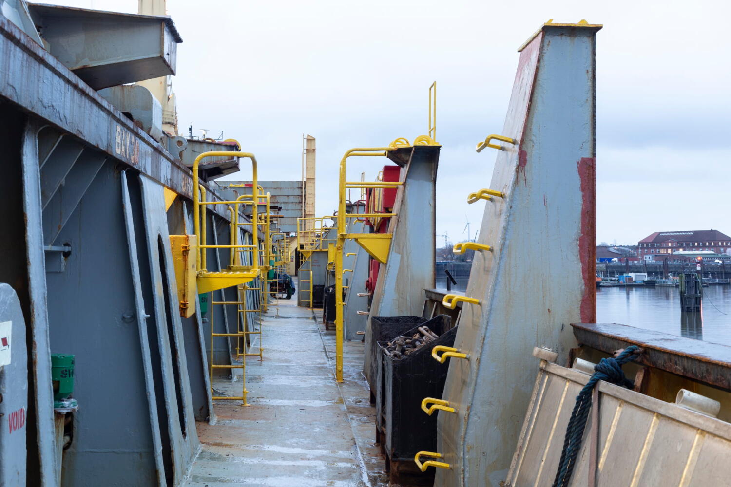 Deck of the ship Red Cedar during repair work in the port of Hamburg.