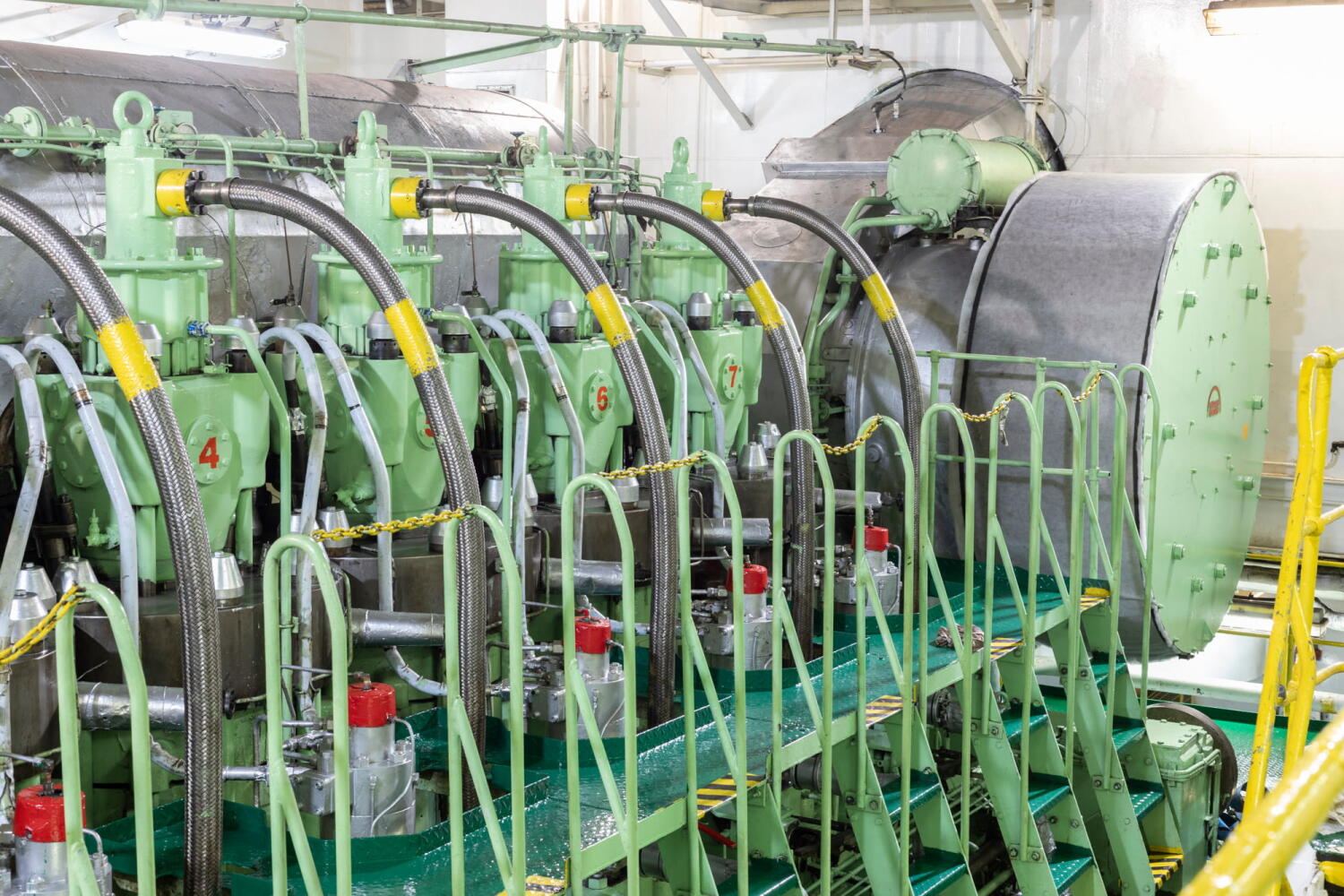 Piston in the engine room of the ship Red Cedar during repair work in the port of Hamburg.