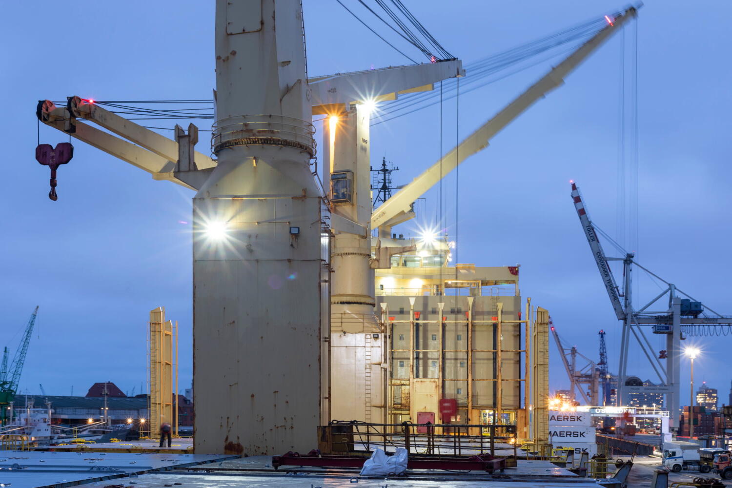 Deck of  the ship Red Cedar during repair work in the Port of Hamburg.