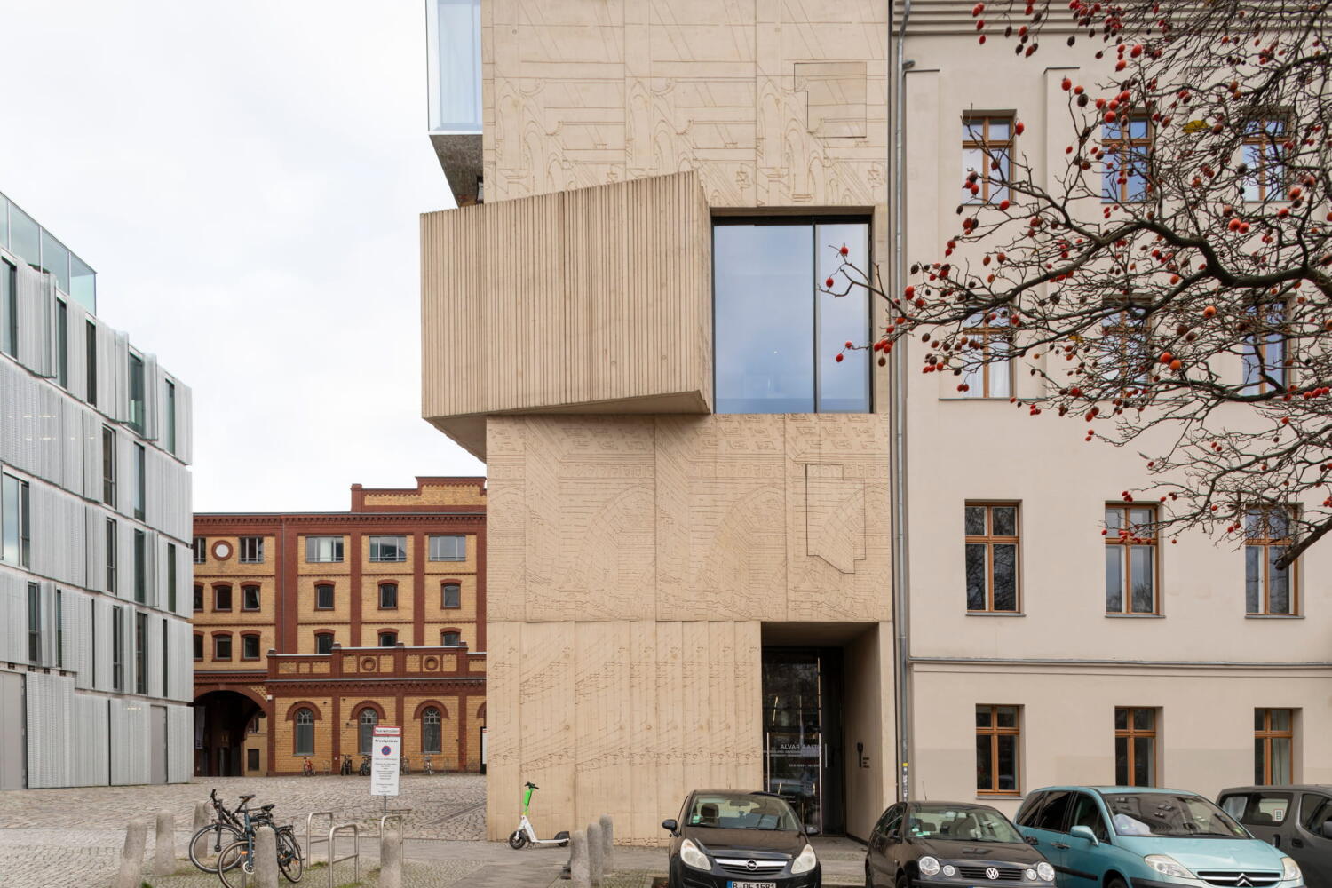 Façade of the Tchoban Foundation Museum of Architectural Drawing. Coloured concrete and glass structure by Tchoban Voss Architects in Berlin.