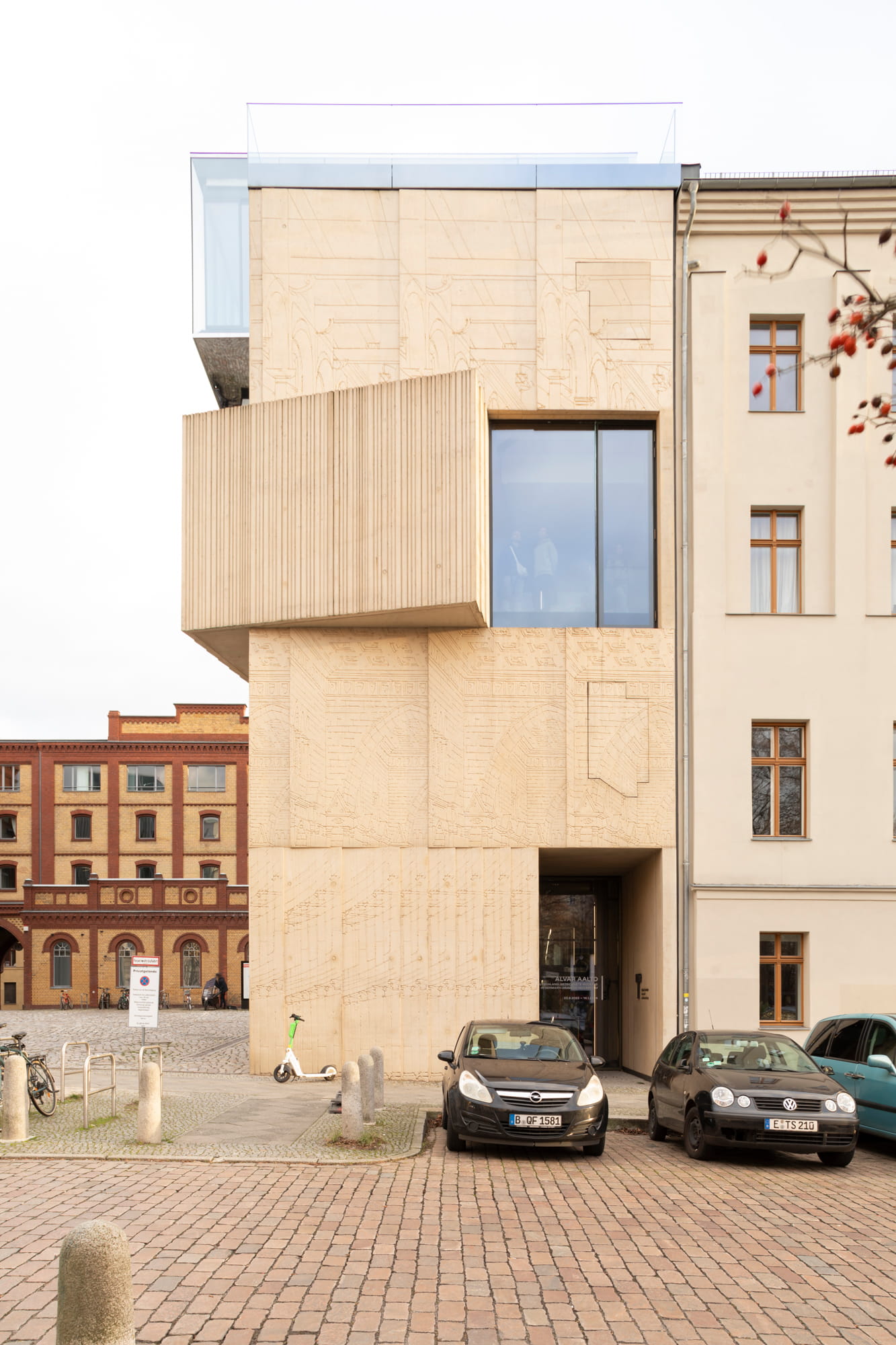 Façade of the Tchoban Foundation Museum of Architectural Drawing. Coloured concrete and glass structure by Tchoban Voss Architects in Berlin.