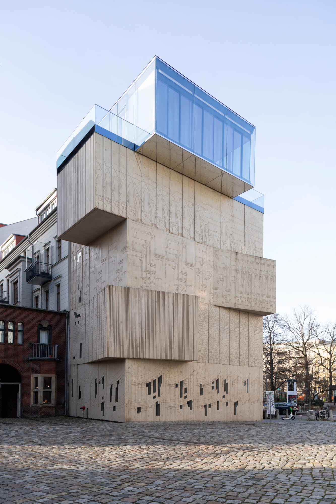 Tchoban Foundation Museum of Architectural Drawing. Coloured concrete and glass structure by Tchoban Voss Architects in Berlin.