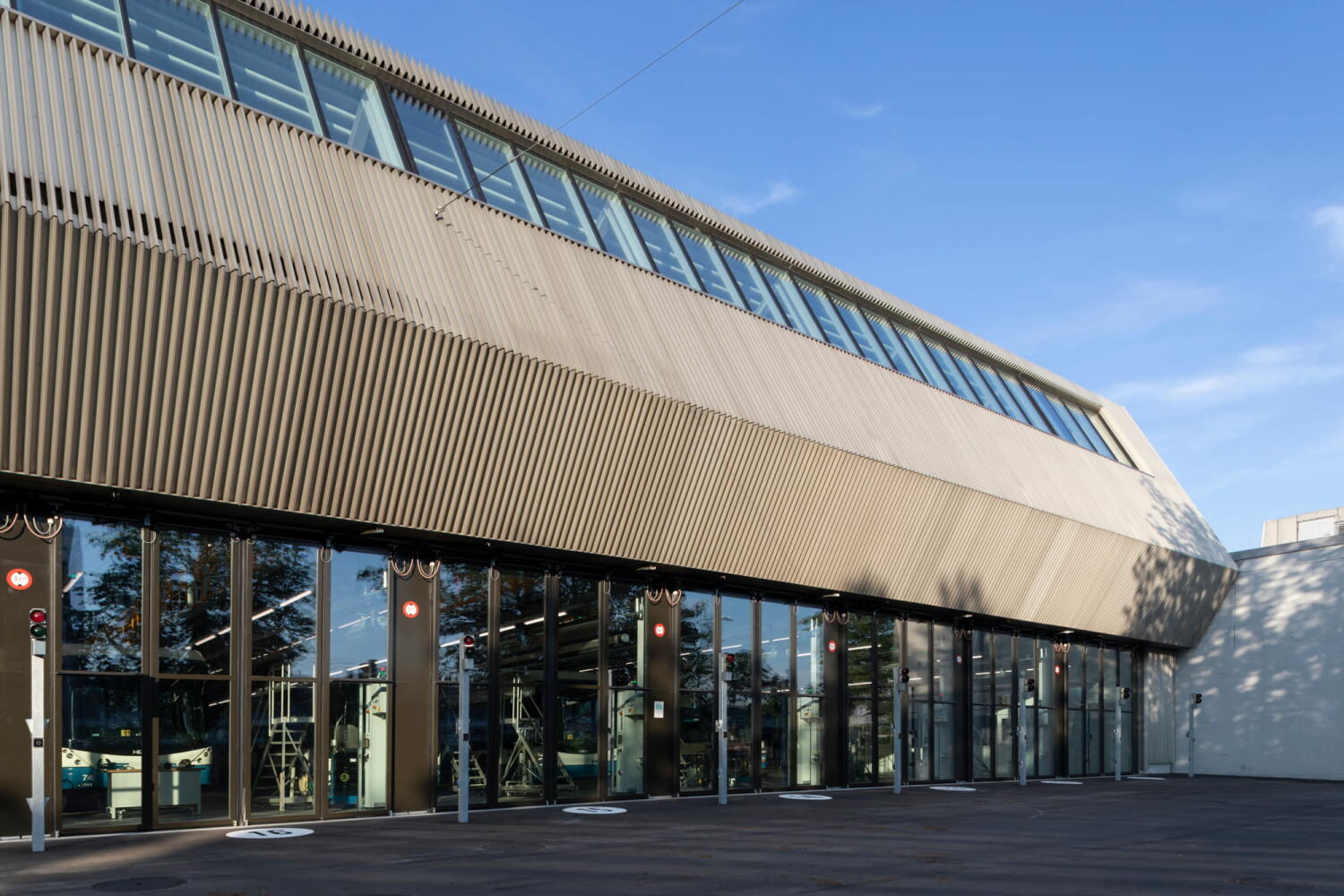 Exit of the VBZ bus garage designed by Ernst & Humbel Architects in Zurich Hardau.