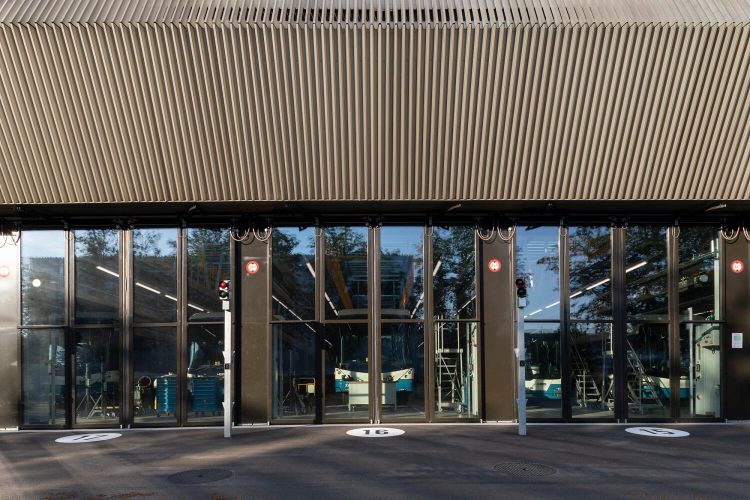 Exit of the VBZ bus garage designed by Ernst & Humbel Architects in Zurich Hardau.