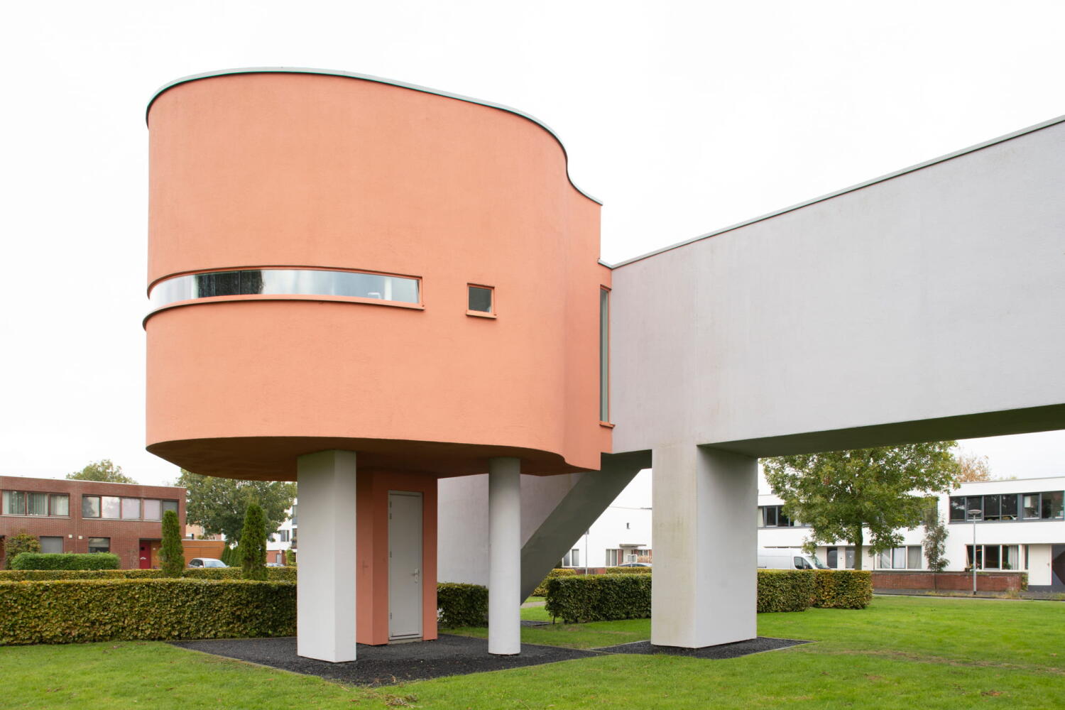  Lateral view of the playful volume made of colored reinforced concrete at Wall House #2 by John Hejduk Architect in Groningen, Holland. 
