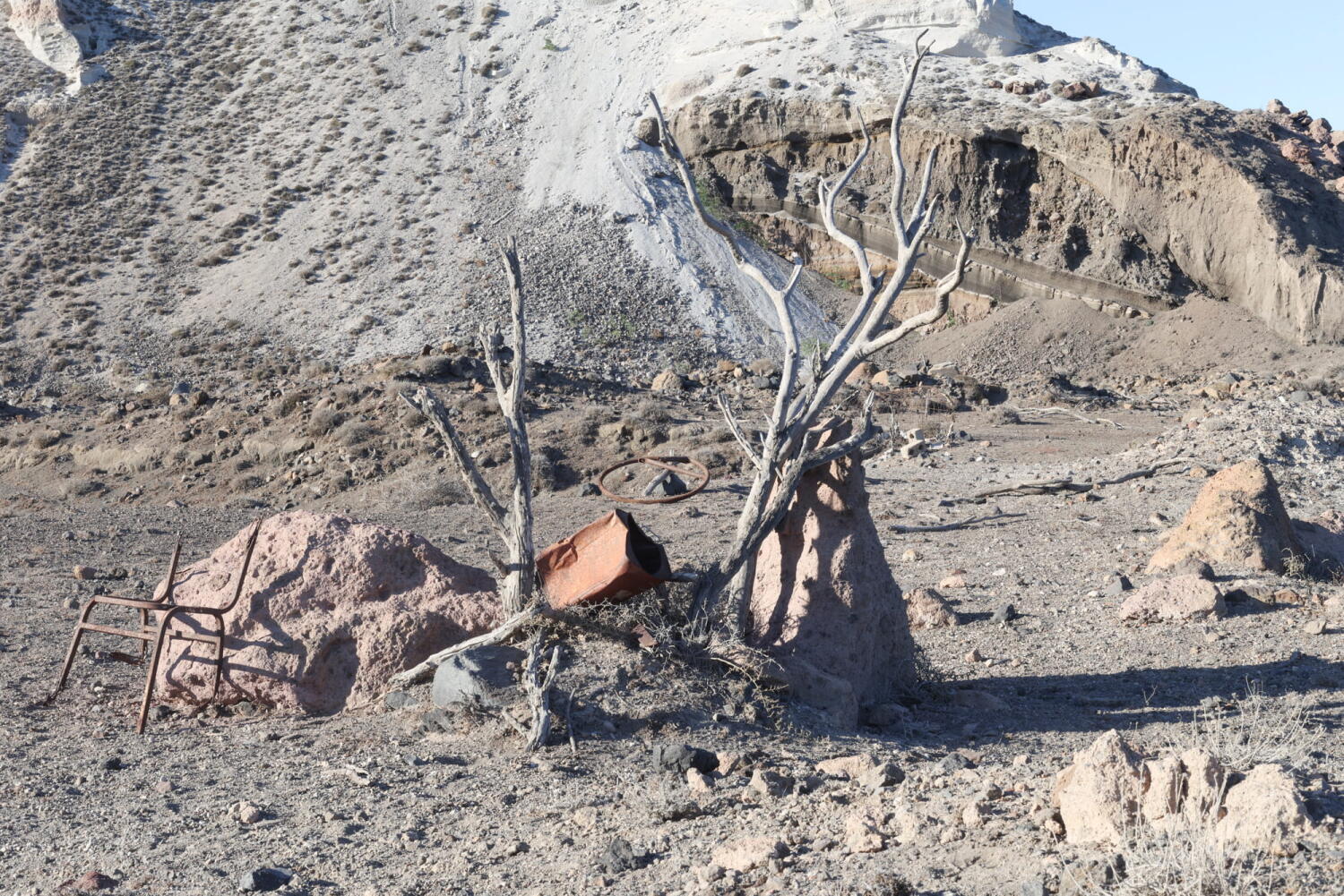 Sculpture made from scrap metal found in a porcelain mine that has been frozen in time on an island in the Mediterranean Sea.