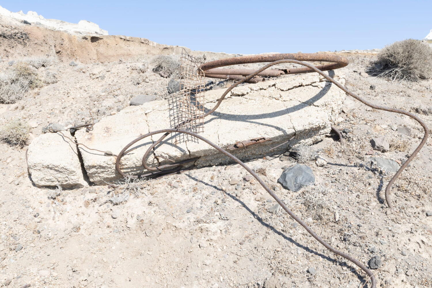 Sculpture made from scrap metal found in a porcelain mine that has been frozen in time on an island in the Mediterranean Sea.